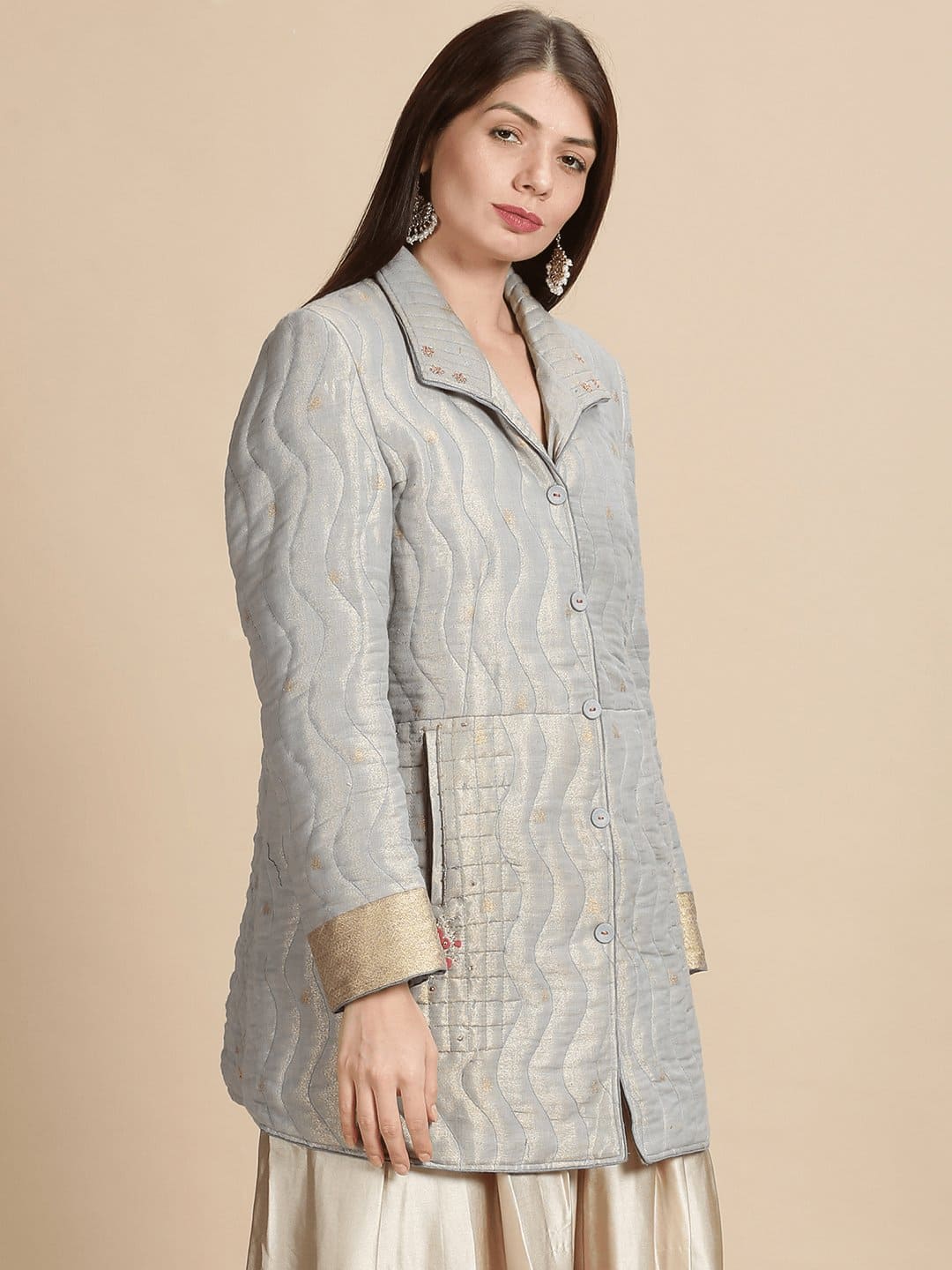Grey Banarsi Zari Quilted Jacket - Charkha TalesGrey Banarsi Zari Quilted Jacket