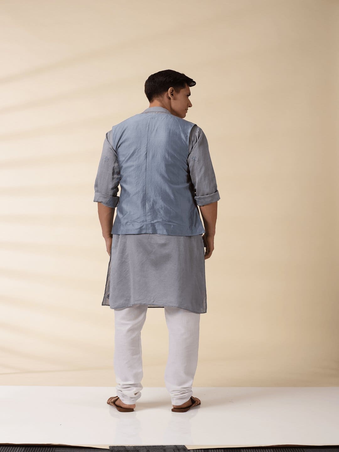 Grey Chanderi Men Achkan Nehru Jacket - Charkha TalesGrey Chanderi Men Achkan Nehru Jacket