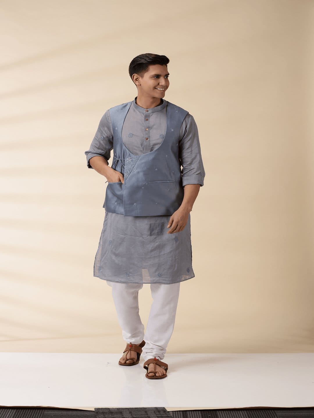 Grey Chanderi Men's Achkan Jacket & Kurta Set - Charkha TalesGrey Chanderi Men's Achkan Jacket & Kurta Set