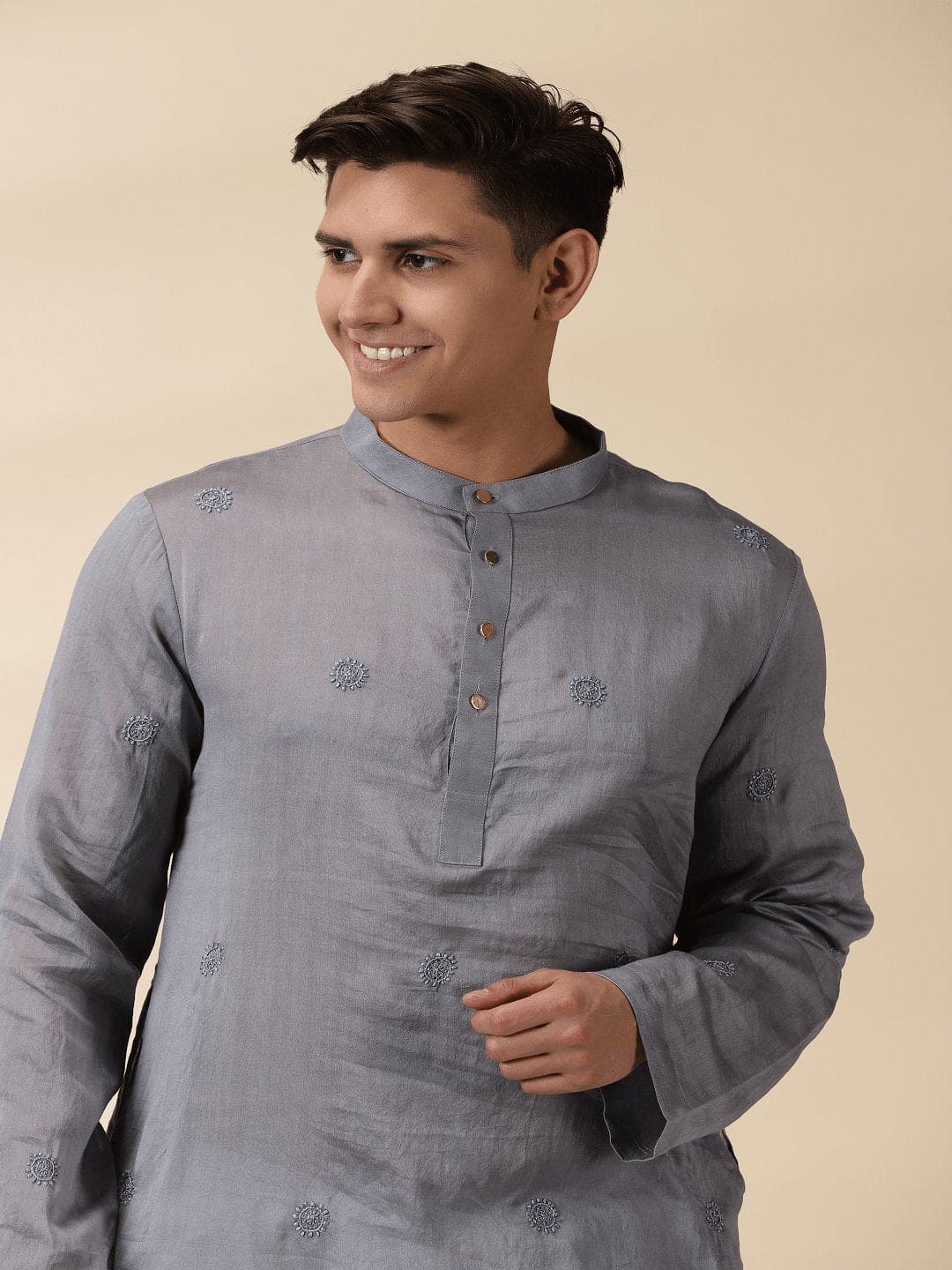 Grey Chikan Men Chanderi Kurta - Charkha TalesGrey Chikan Men Chanderi Kurta