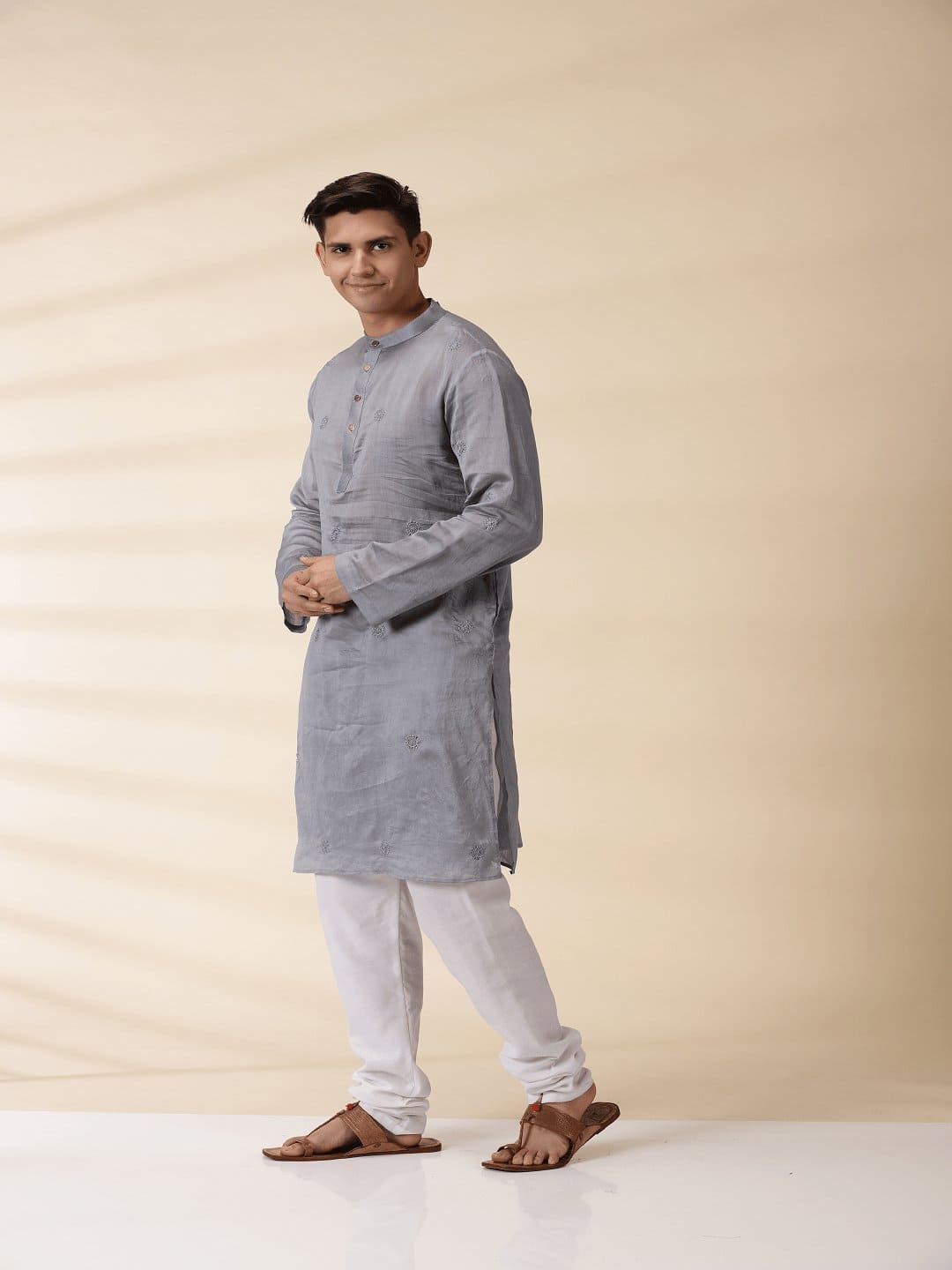 Grey Chikan Men Chanderi Kurta - Charkha TalesGrey Chikan Men Chanderi Kurta