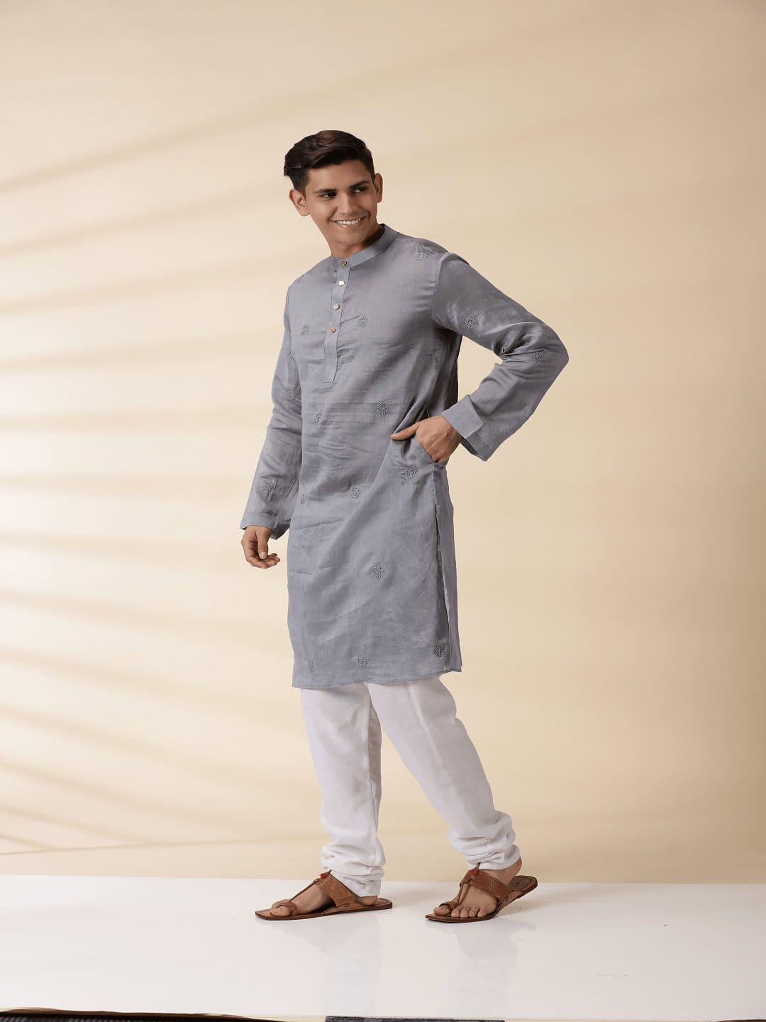 Grey Chikan Men Chanderi Kurta - Charkha TalesGrey Chikan Men Chanderi Kurta