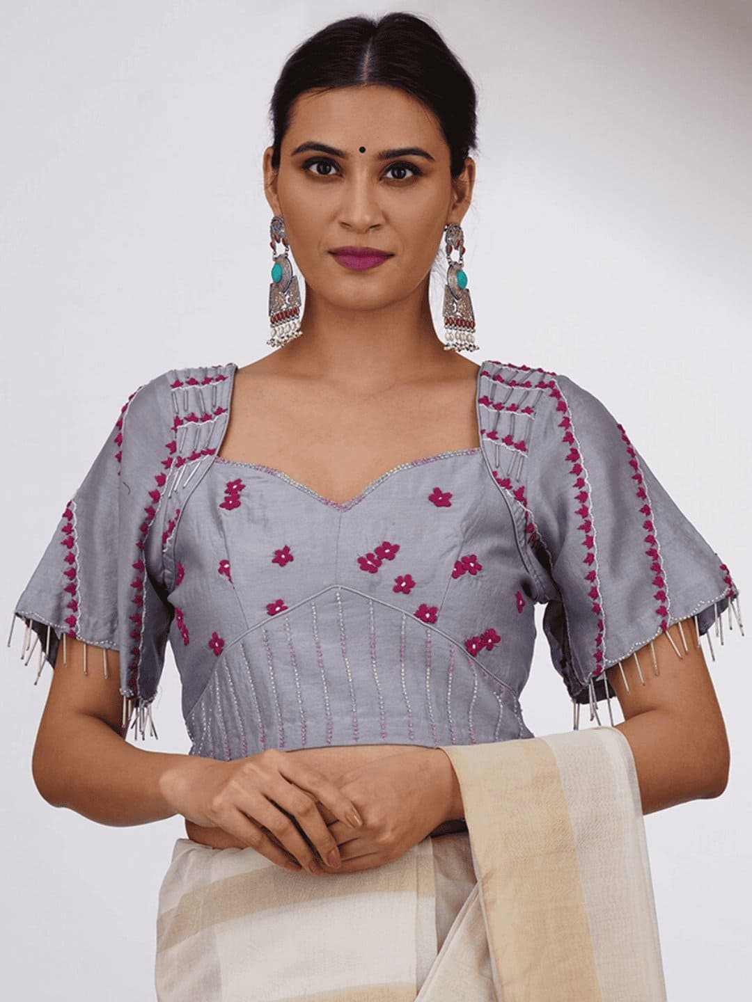 Grey Embroiderd Chanderi Silk Blouse - Charkha TalesGrey Embroiderd Chanderi Silk Blouse