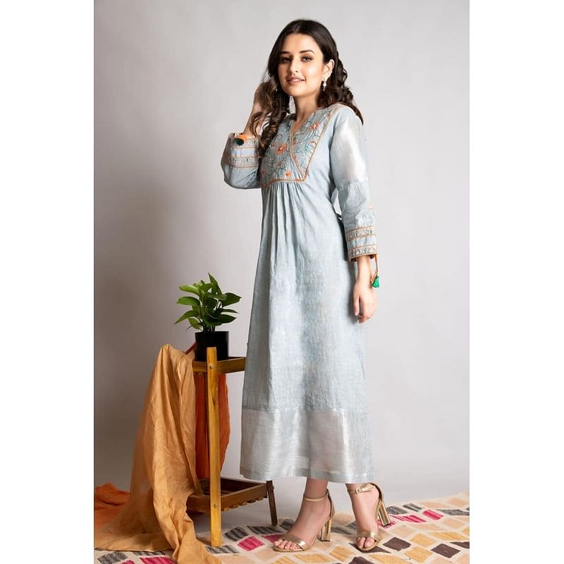 Grey Embroidered Dress - Charkha TalesGrey Embroidered Dress