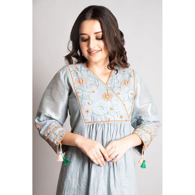 Grey Embroidered Dress - Charkha TalesGrey Embroidered Dress