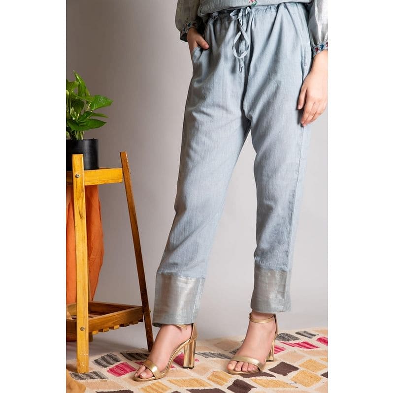 Grey Embroidered Linen Zari Kurta Set - Charkha TalesGrey Embroidered Linen Zari Kurta Set