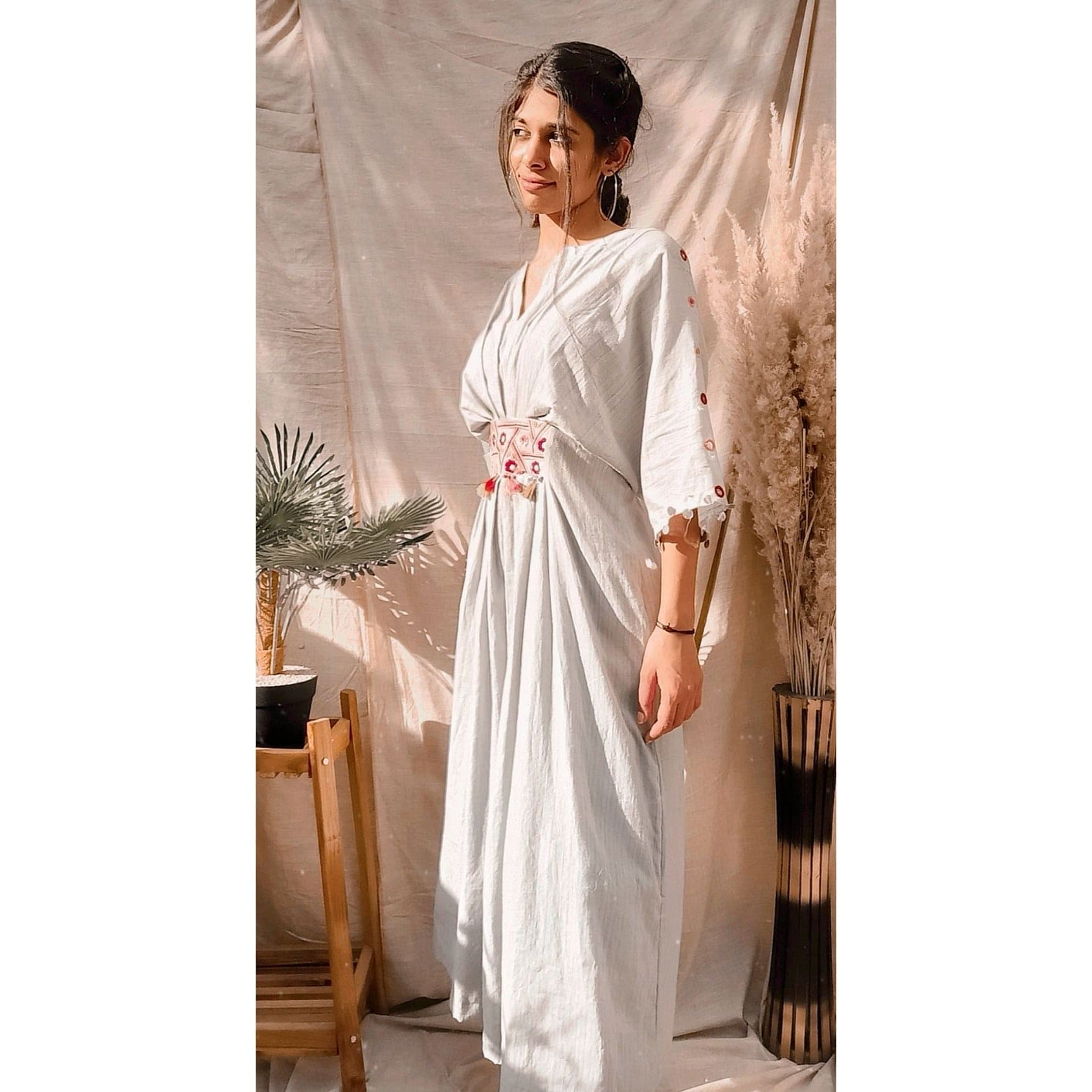 Grey Floral Bohemia Belt Kaftan - Charkha TalesGrey Floral Bohemia Belt Kaftan