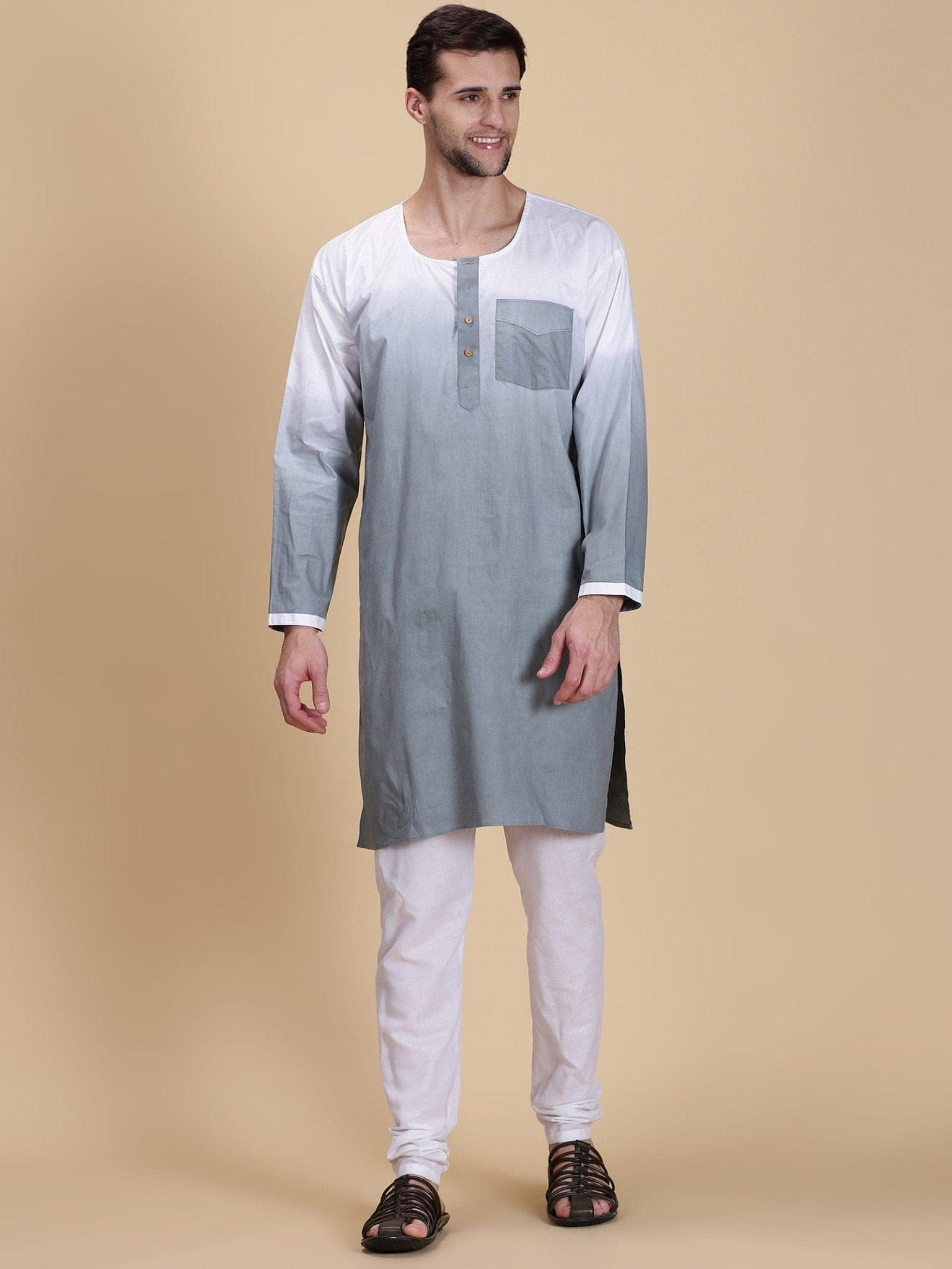 Grey Hand Dyed Men Long Kurta Set - Charkha TalesGrey Hand Dyed Men Long Kurta Set