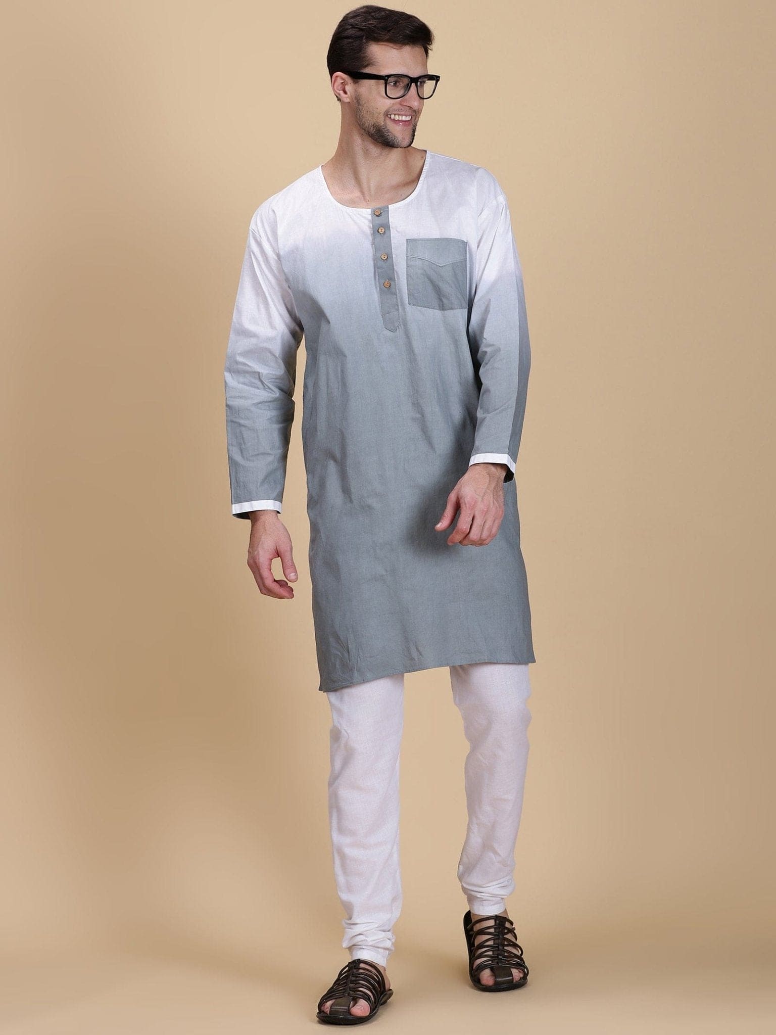 Grey Hand Dyed Men Long Kurta Set - Charkha TalesGrey Hand Dyed Men Long Kurta Set