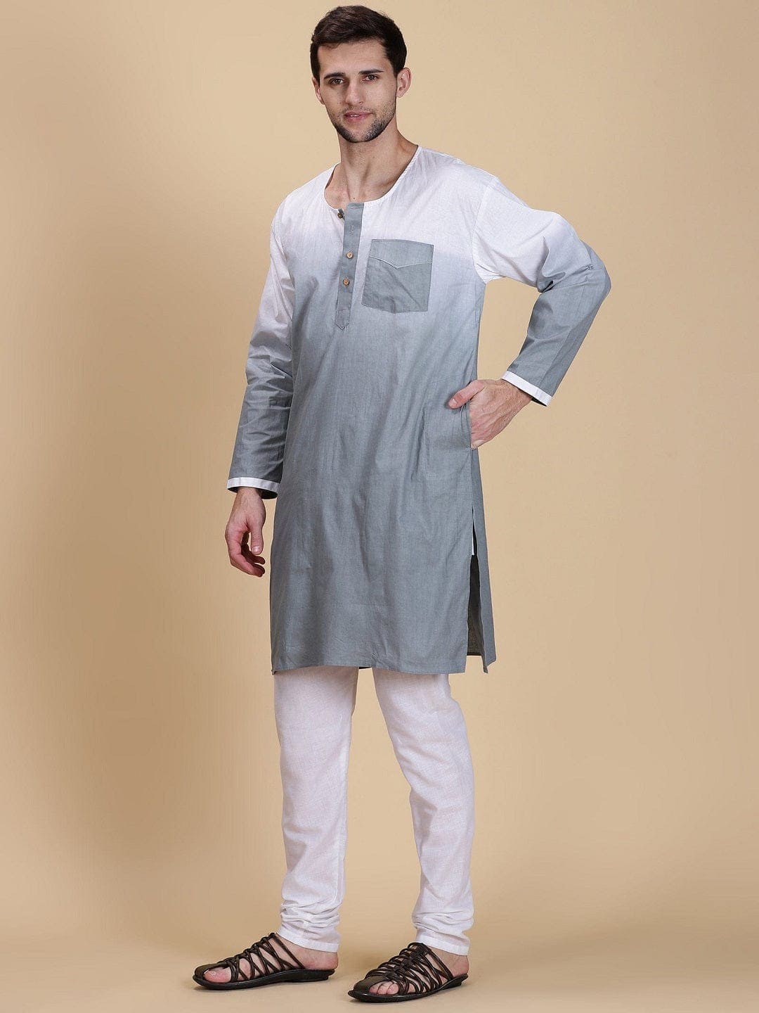 Grey Hand Dyed Men Long Kurta Set - Charkha TalesGrey Hand Dyed Men Long Kurta Set