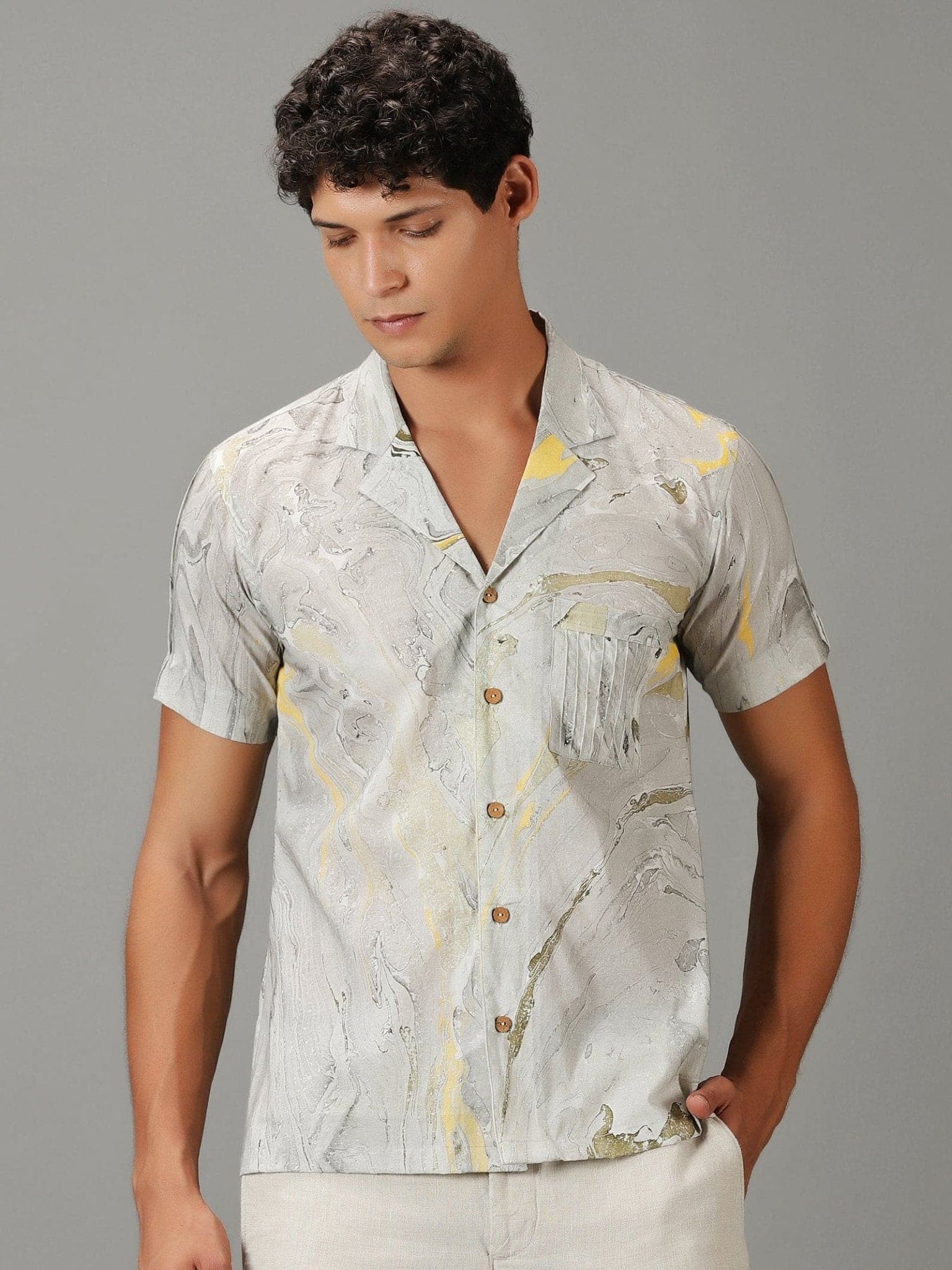 Grey Marble Dyed Men's Shirt. - Charkha TalesGrey Marble Dyed Men's Shirt.