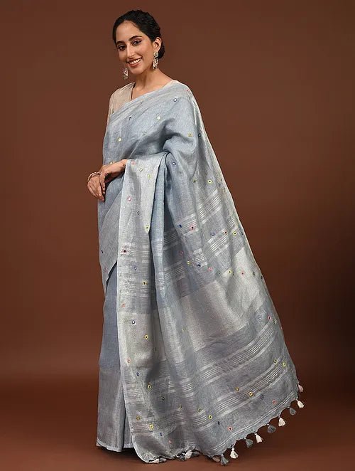 Grey Mirror Linen Saree - Charkha TalesGrey Mirror Linen Saree