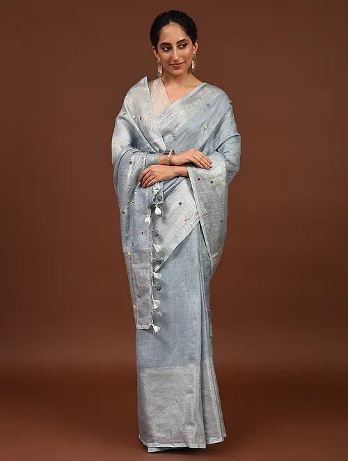 Grey Mirror Linen Saree - Charkha TalesGrey Mirror Linen Saree