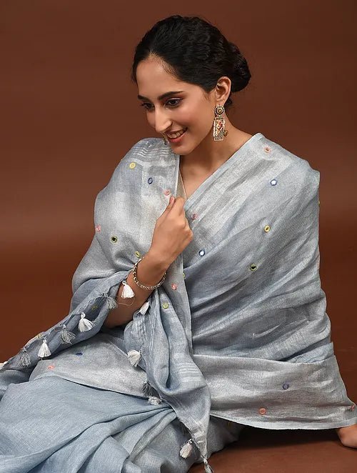 Grey Mirror Linen Saree - Charkha TalesGrey Mirror Linen Saree