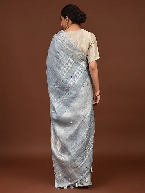 Grey Mirror Linen Saree - Charkha TalesGrey Mirror Linen Saree
