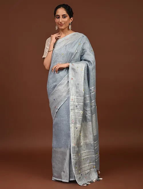 Grey Mirror Linen Saree - Charkha TalesGrey Mirror Linen Saree