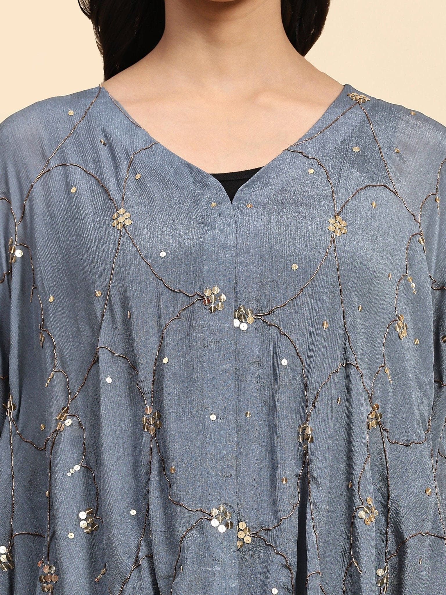 Grey Sequence Work Tpper Cape Set - Charkha TalesGrey Sequence Work Tpper Cape Set