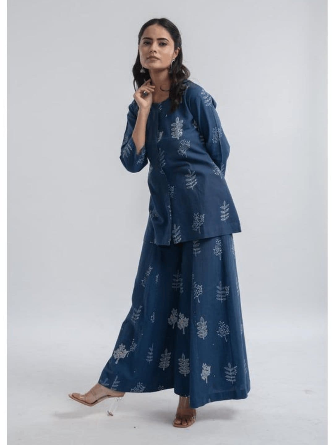 Indigo Block Print Cotton Top With Plazzo - Charkha TalesIndigo Block Print Cotton Top With Plazzo