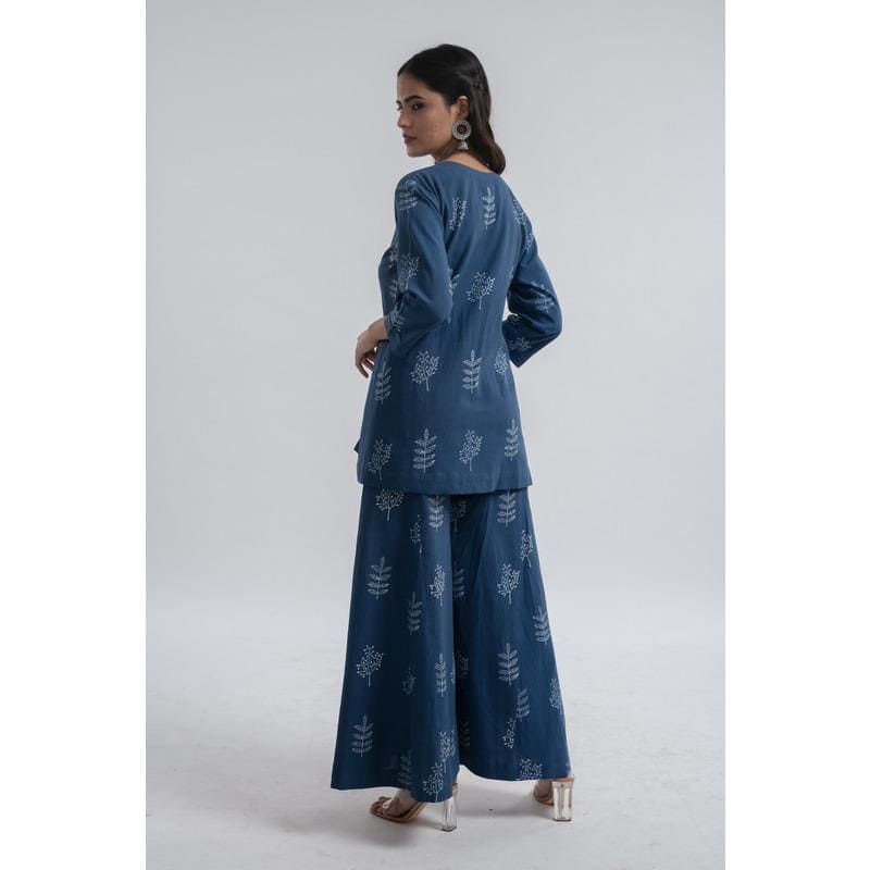 Indigo Block Print Cotton Top With Plazzo - Charkha TalesIndigo Block Print Cotton Top With Plazzo