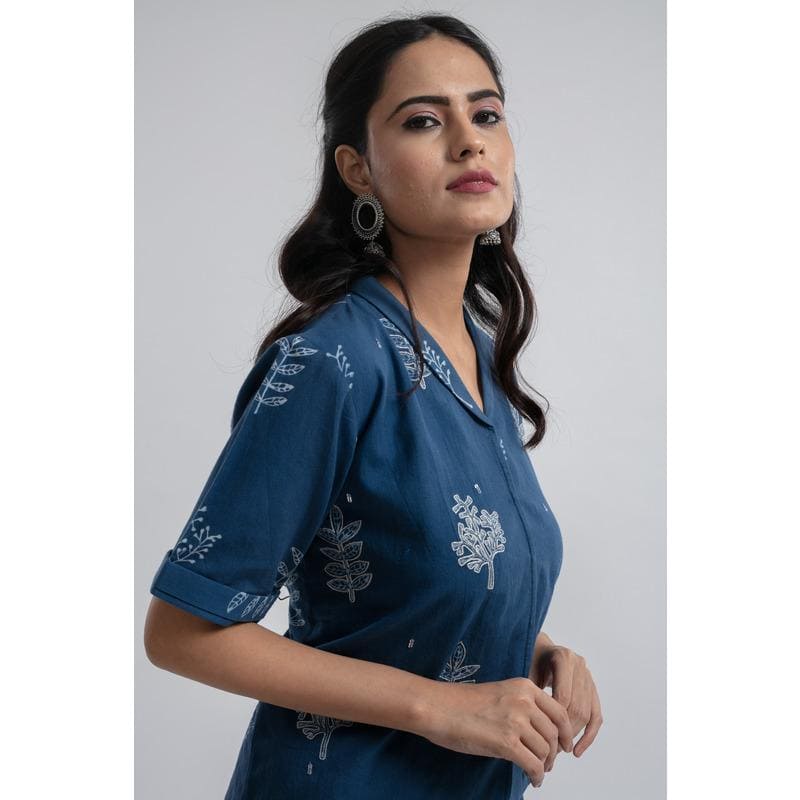 Indigo Block Print Cotton Top With Plazzo - Charkha TalesIndigo Block Print Cotton Top With Plazzo