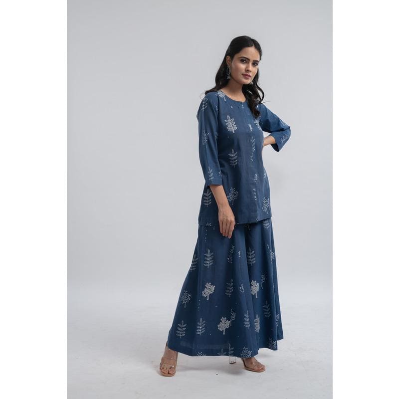 Indigo Block Print Cotton Top With Plazzo - Charkha TalesIndigo Block Print Cotton Top With Plazzo