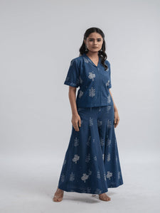 Block Print Cotton Top With Plazzo - Indigo