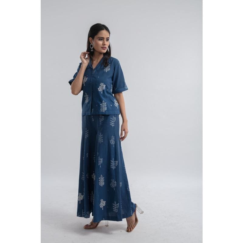 Indigo Block Print Cotton Top With Plazzo - Charkha TalesIndigo Block Print Cotton Top With Plazzo