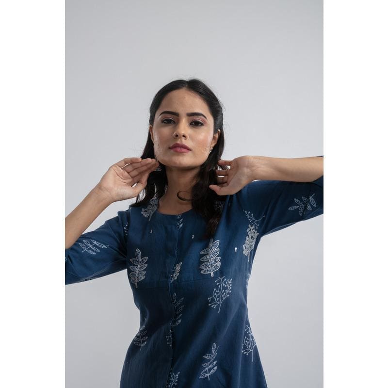 Indigo Block Print Cotton Top With Plazzo - Charkha TalesIndigo Block Print Cotton Top With Plazzo