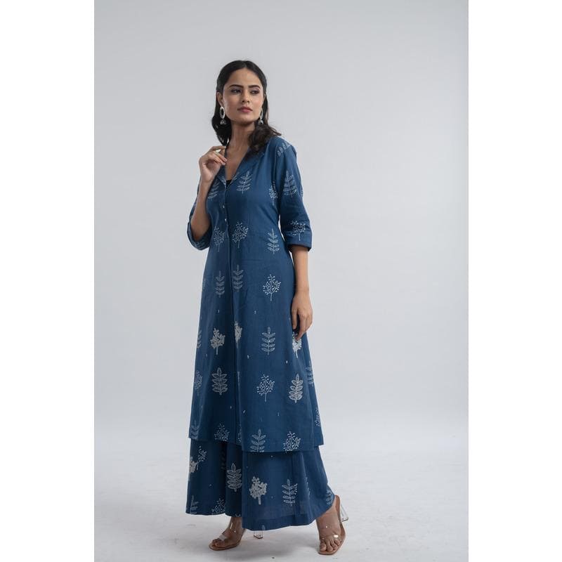 Indigo Block Print Jacket Style Kurta Set - Charkha TalesIndigo Block Print Jacket Style Kurta Set