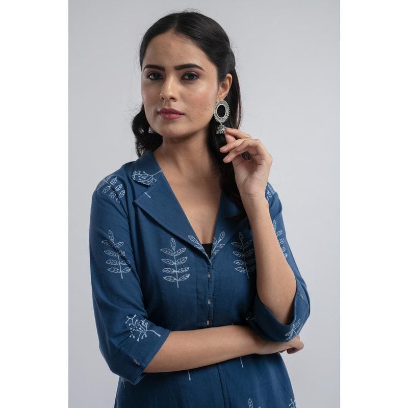 Indigo Block Print Jacket Style Kurta Set - Charkha TalesIndigo Block Print Jacket Style Kurta Set