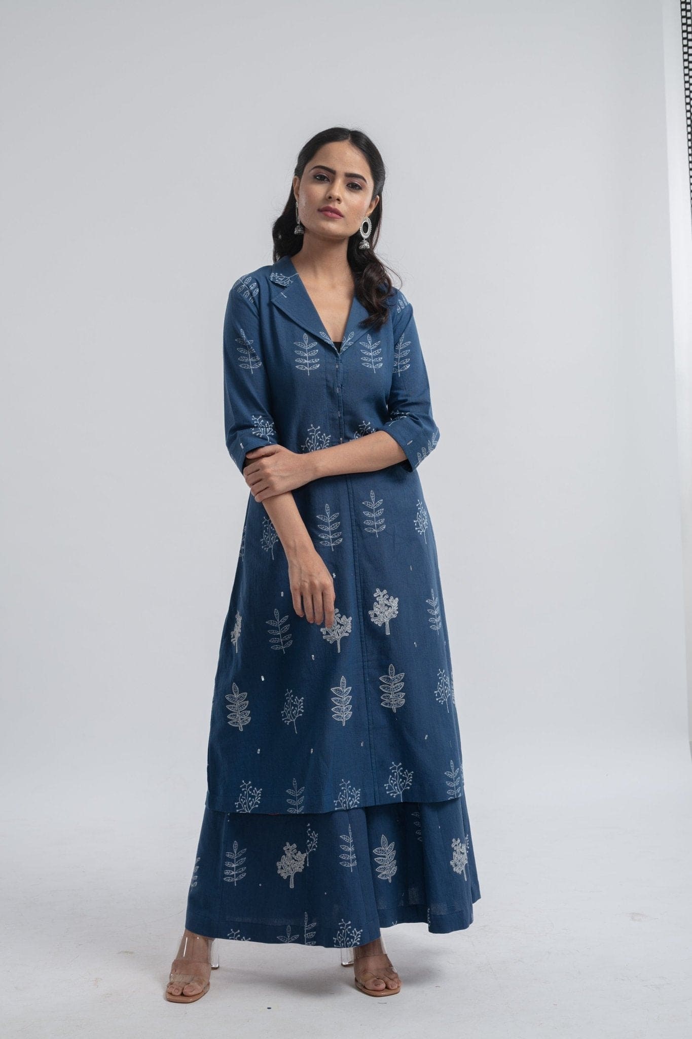 Indigo Block Print Jacket Style Kurta Set - Charkha TalesIndigo Block Print Jacket Style Kurta Set