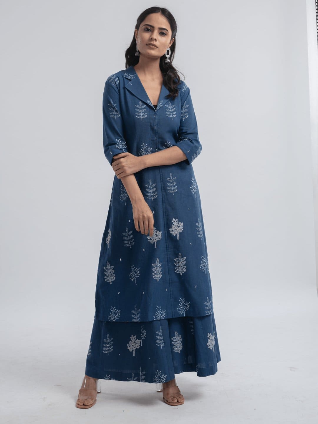 Indigo Block Print Jacket Style Kurta Set - Charkha TalesIndigo Block Print Jacket Style Kurta Set