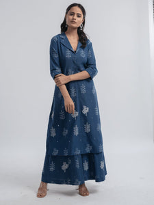 Khadi Block Printed Jacket Style Kurta Set - Indigo