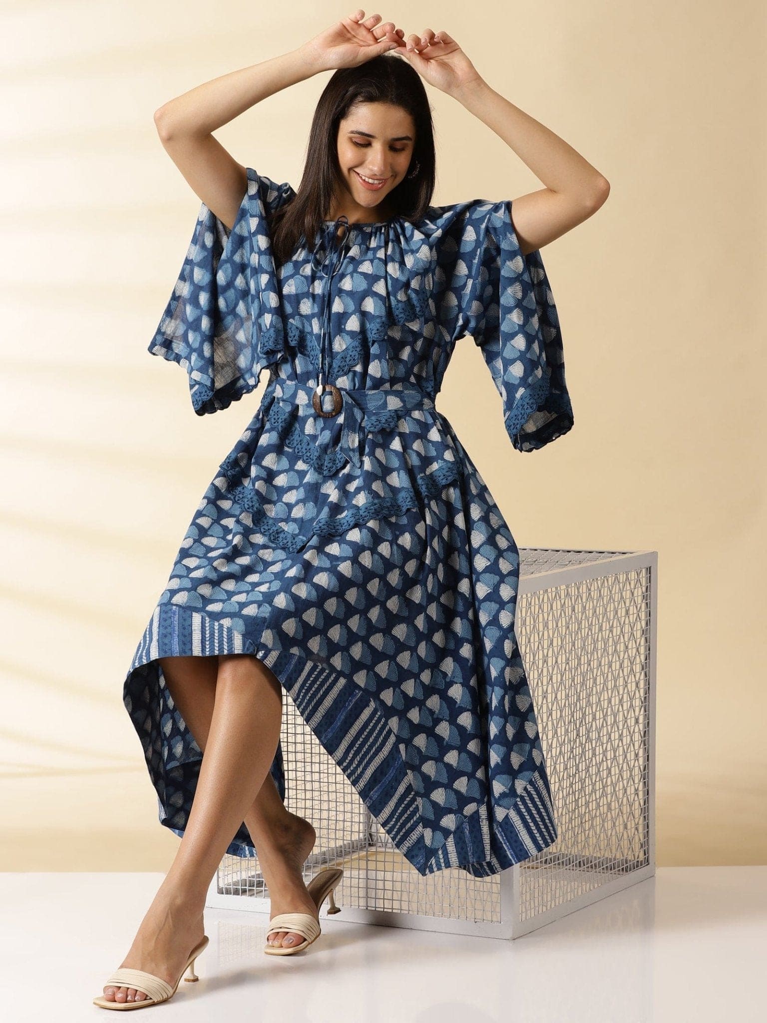 Indigo Blockprinted handkerchief Dress - Charkha TalesIndigo Blockprinted handkerchief Dress