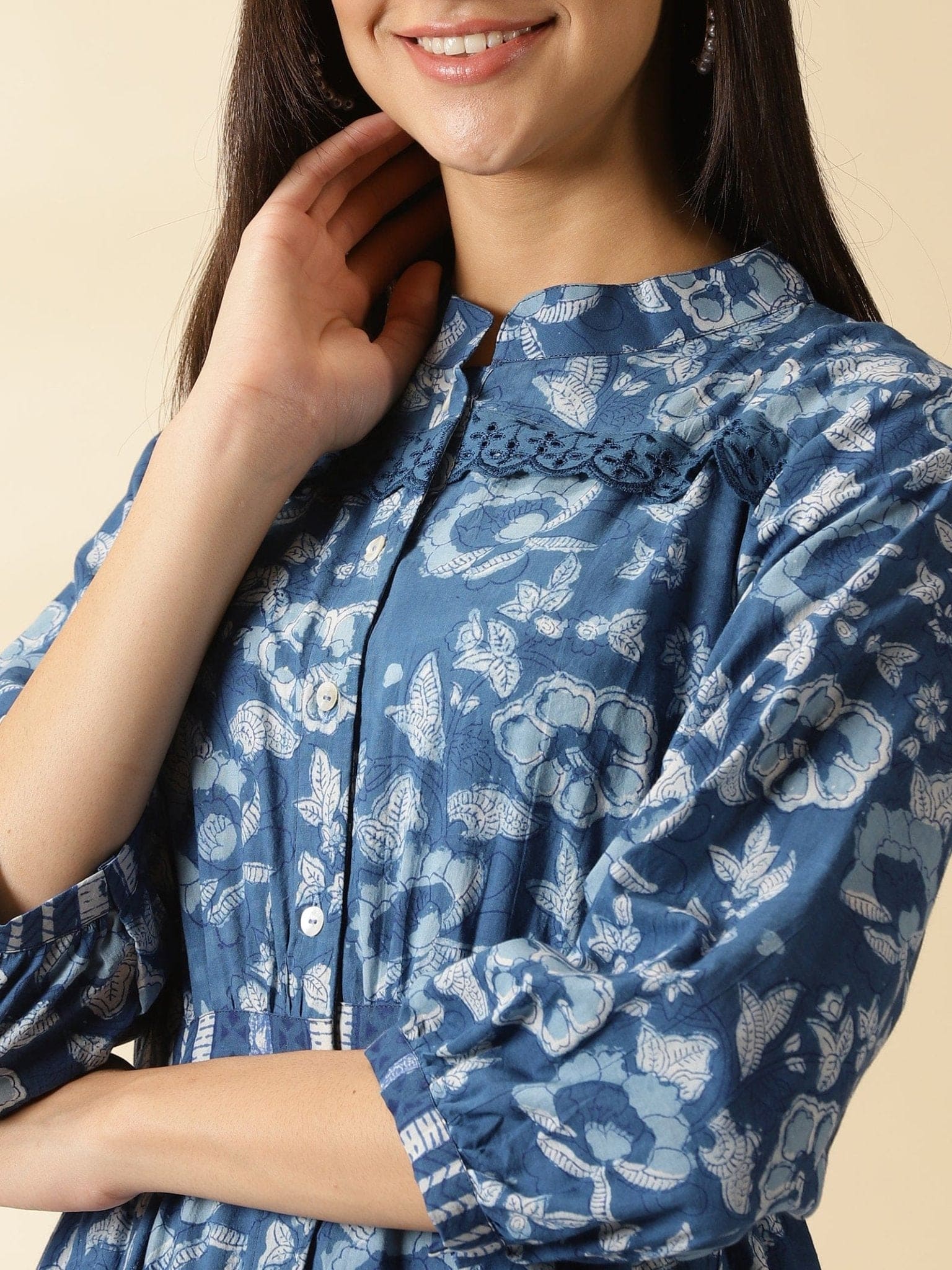 Indigo Blockprinted Women Dress - Charkha TalesIndigo Blockprinted Women Dress
