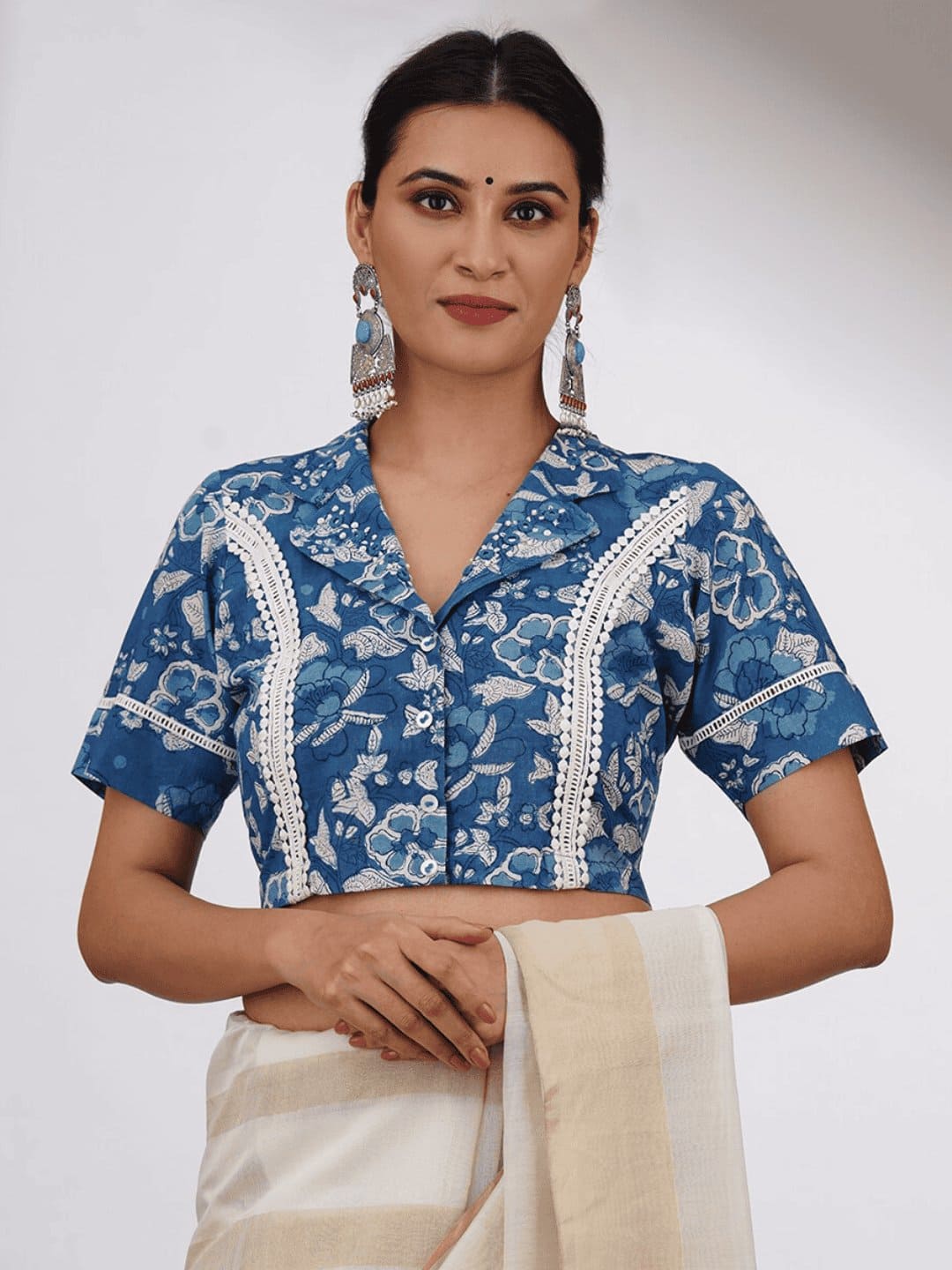 Indigo Blue Embroidered Cotton Blouse - Charkha TalesIndigo Blue Embroidered Cotton Blouse