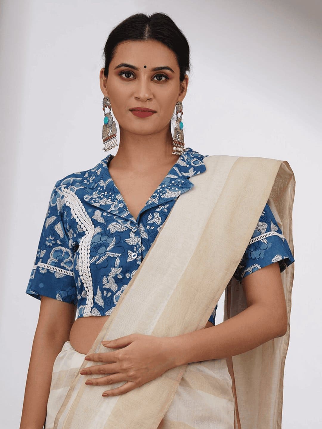 Indigo Blue Embroidered Cotton Blouse - Charkha TalesIndigo Blue Embroidered Cotton Blouse