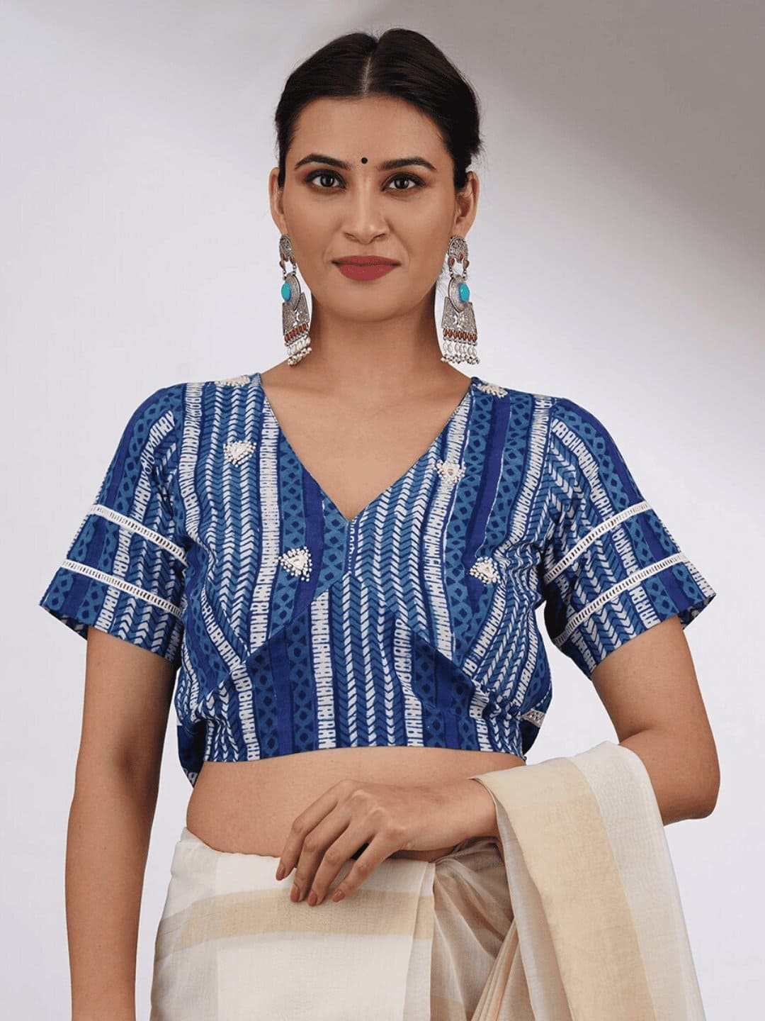 Indigo Blue Embroidered Cotton Blouse - Charkha TalesIndigo Blue Embroidered Cotton Blouse