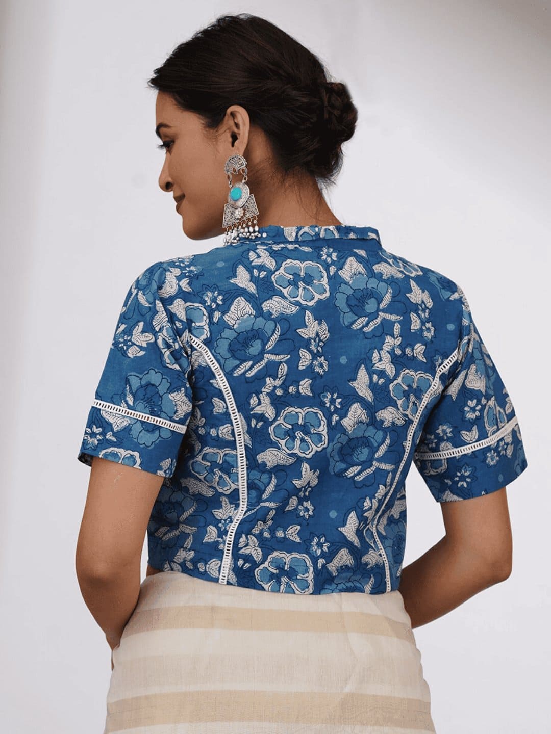 Indigo Blue Embroidered Cotton Blouse - Charkha TalesIndigo Blue Embroidered Cotton Blouse