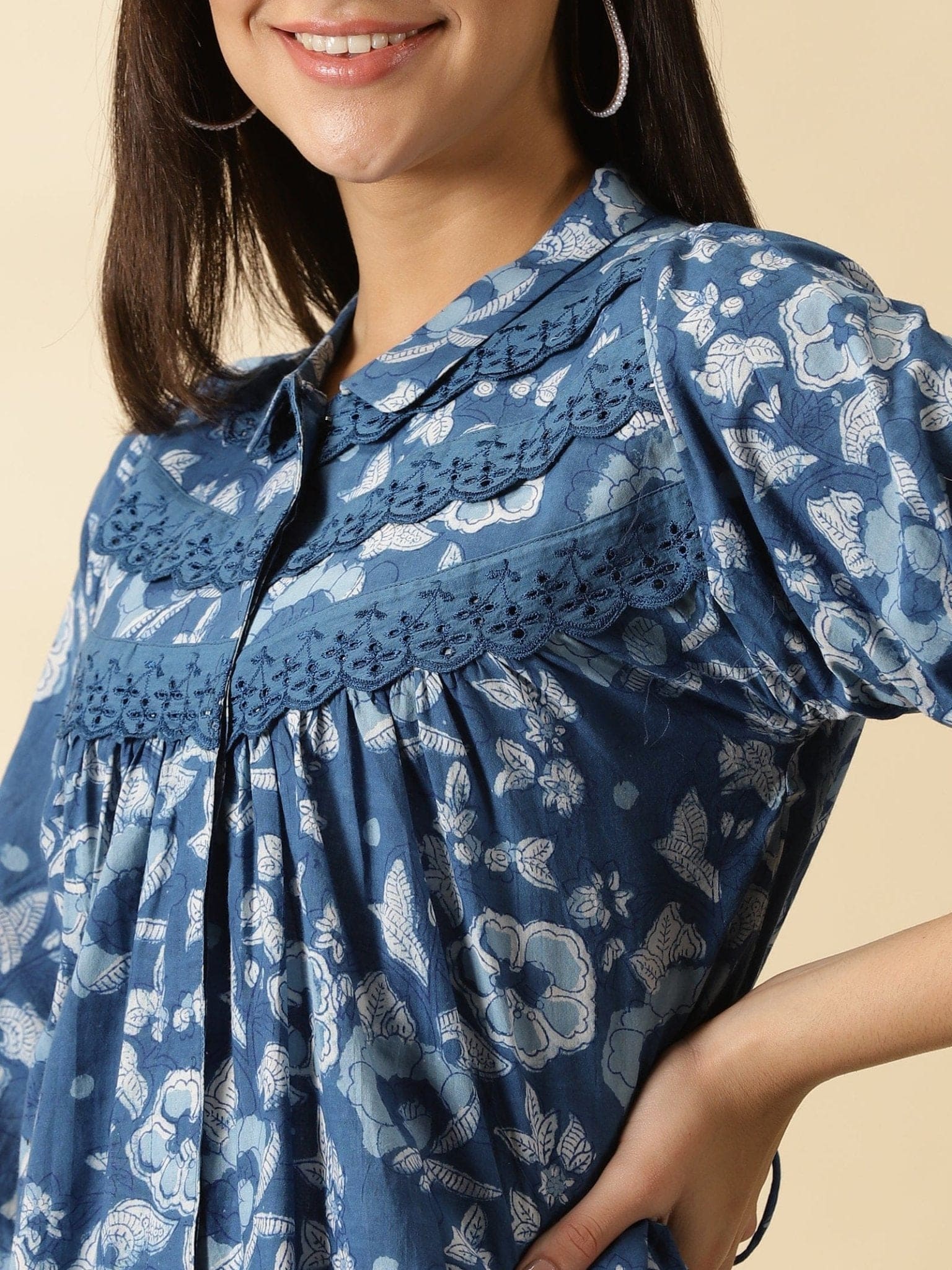 Indigo Hand block Printed Cotton Top - Charkha TalesIndigo Hand block Printed Cotton Top