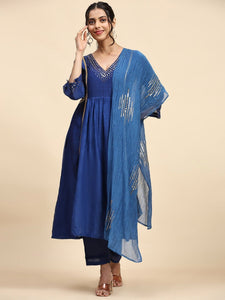Sequin Work Chanderi Kurta Set - Ink Blue
