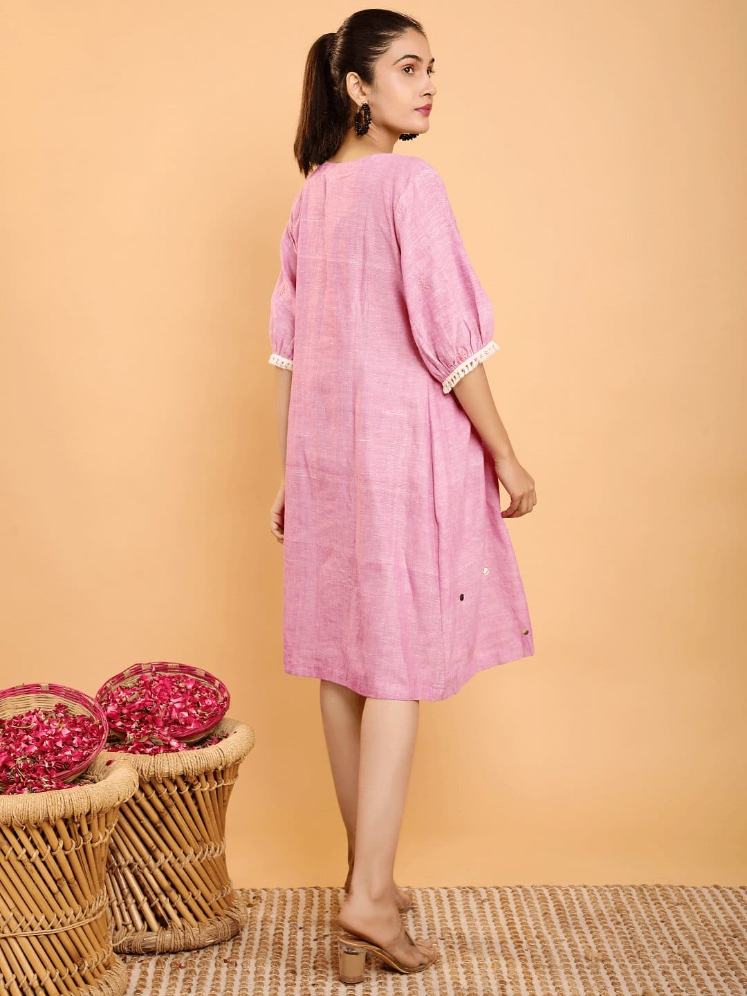 Lavender Boho Chikankari A- line Dress. - Charkha TalesLavender Boho Chikankari A- line Dress.