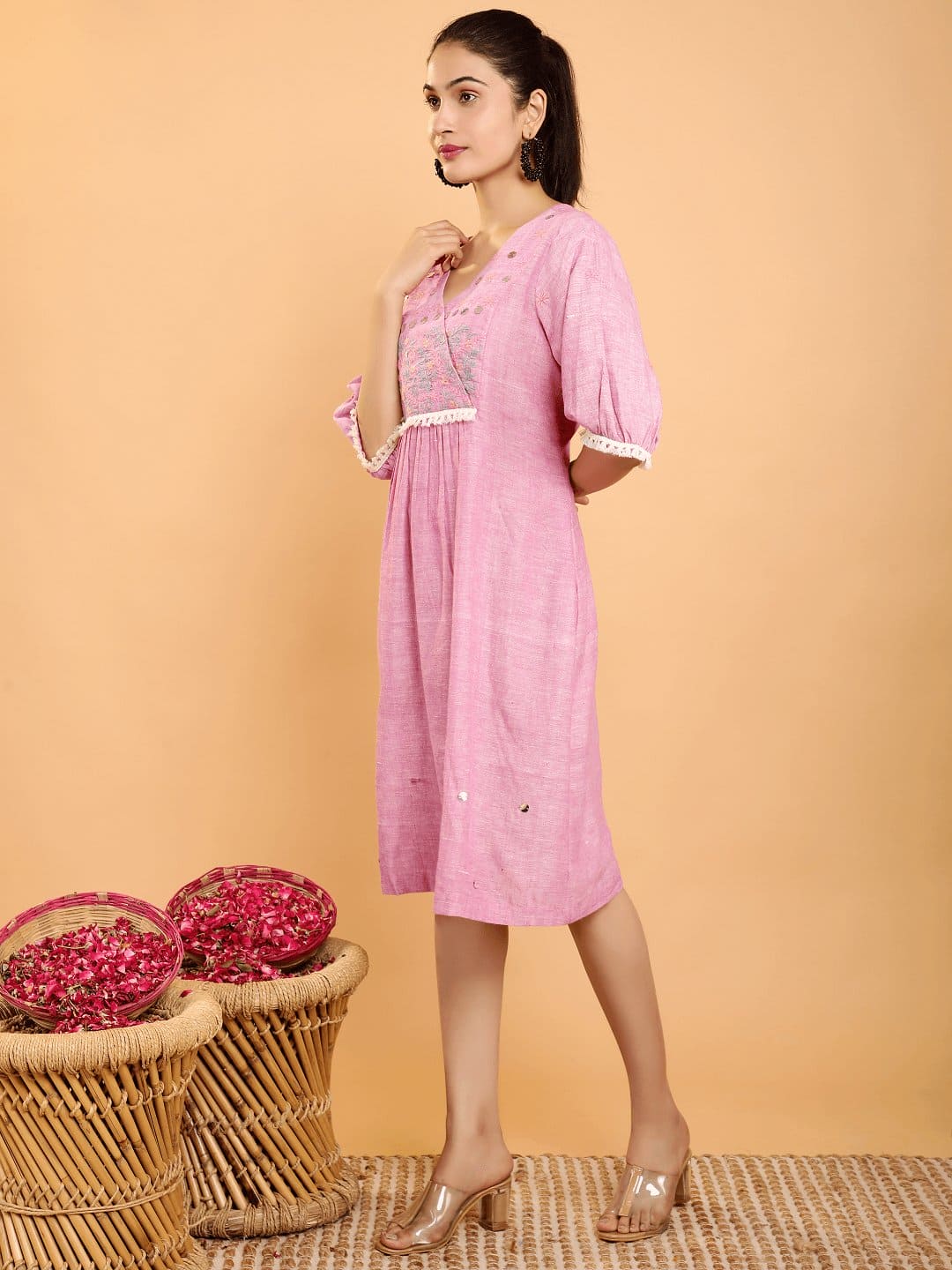 Lavender Boho Chikankari A- line Dress. - Charkha TalesLavender Boho Chikankari A- line Dress.