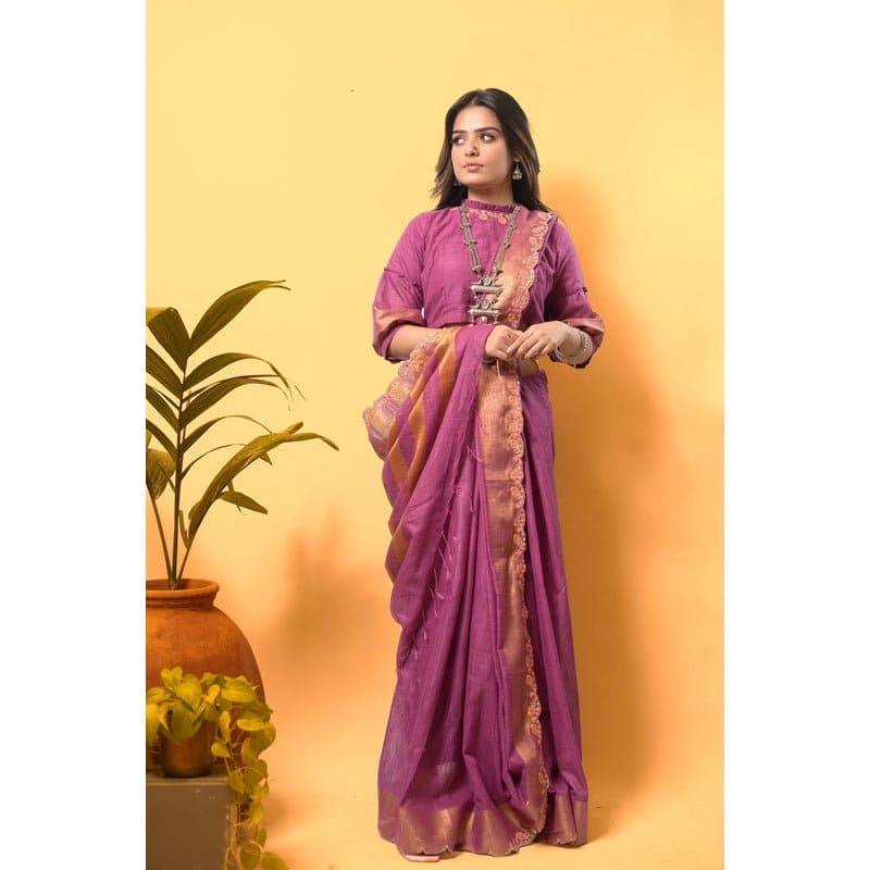 Lavender Gold Embroidered Linen Saree - Charkha TalesLavender Gold Embroidered Linen Saree