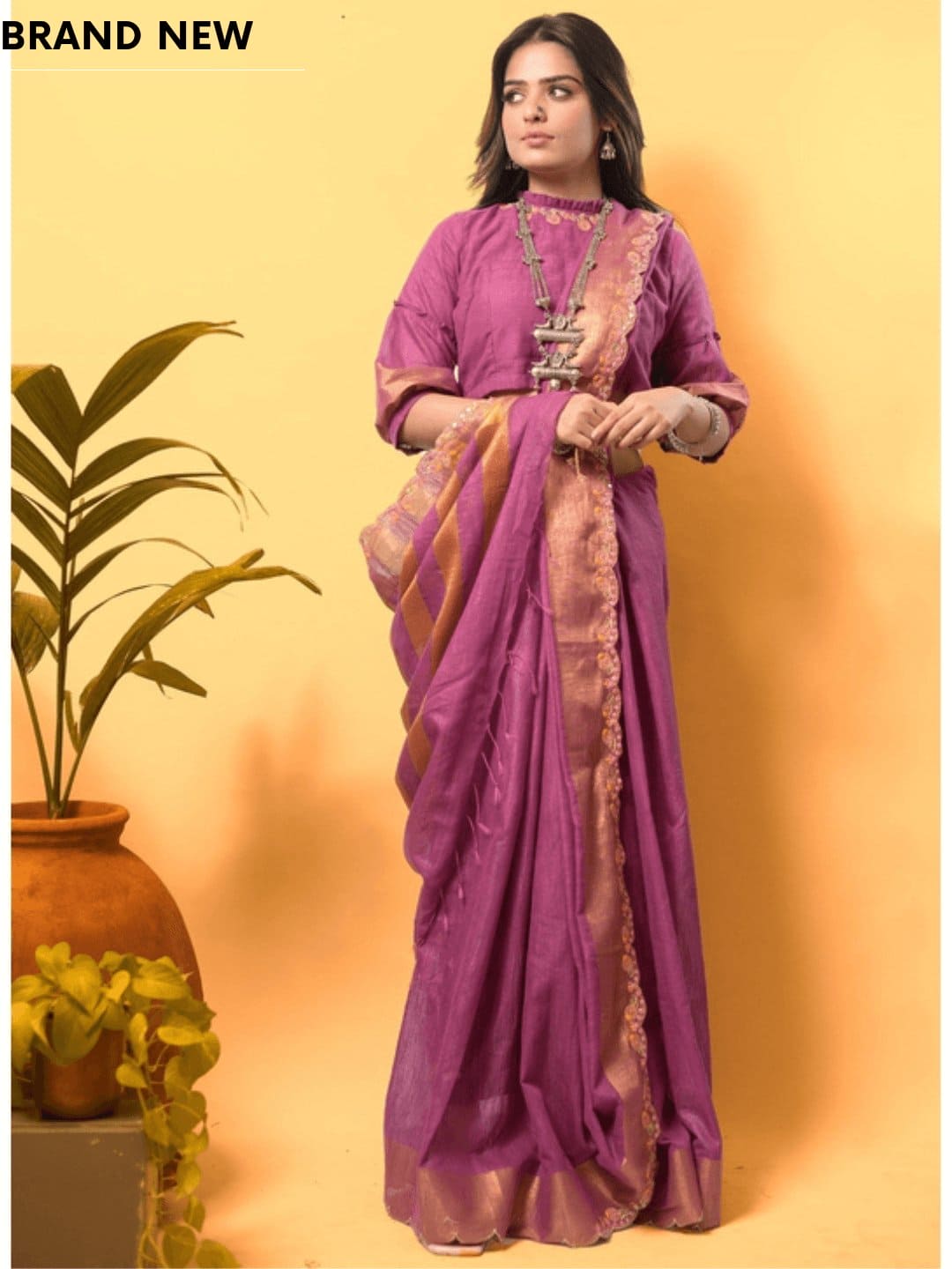 Lavender Gold Embroidered Linen Saree - Charkha TalesLavender Gold Embroidered Linen Saree