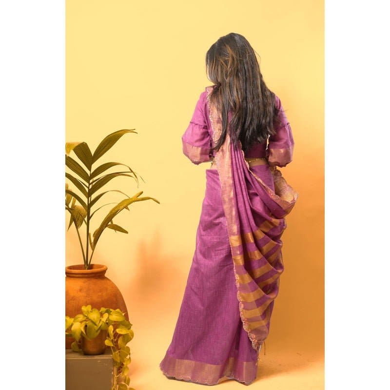 Lavender Gold Embroidered Linen Saree - Charkha TalesLavender Gold Embroidered Linen Saree