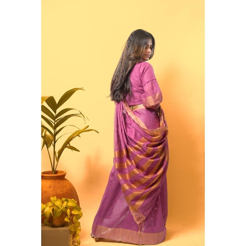 Lavender Gold Embroidered Linen Saree - Charkha TalesLavender Gold Embroidered Linen Saree