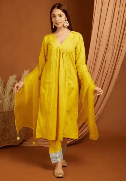 Lemon Yellow Shimmer Linen Kurta Set - Charkha TalesLemon Yellow Shimmer Linen Kurta Set