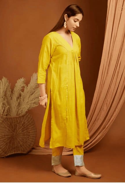 Lemon Yellow Shimmer Linen Kurta Set - Charkha TalesLemon Yellow Shimmer Linen Kurta Set