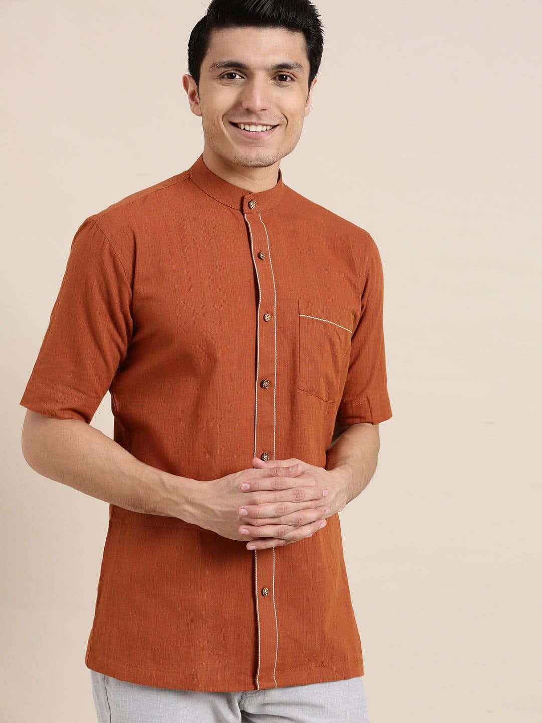 Light brown Khadi Men Shirt - Charkha TalesLight brown Khadi Men Shirt